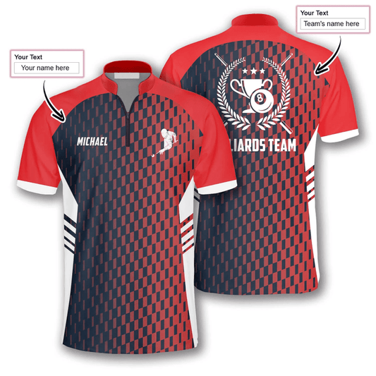 BlueJose Gradient Red Sports Style Billiard Custom Name Zipper Polo Shirt