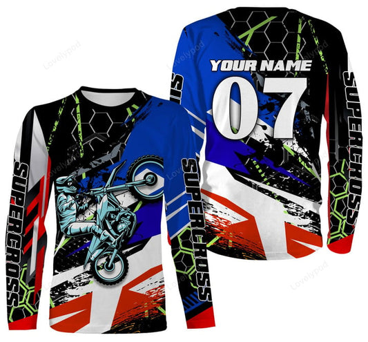 BlueJose Personalized Supercross Riding Jersey, Custom Number & Name Motorcycle Off-Road Dirt Bike Racing
