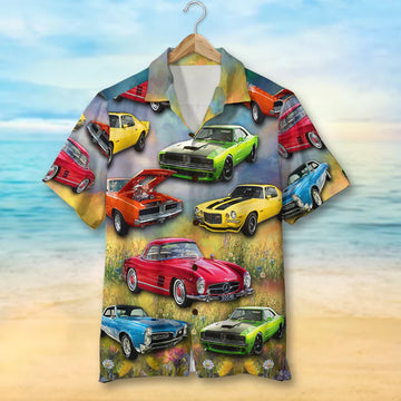 Custom Muscle Car Photo Hawaiian Shirt, Flower Field Pattern