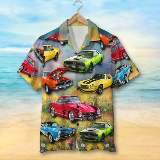 Custom Muscle Car Photo Hawaiian Shirt, Flower Field Pattern