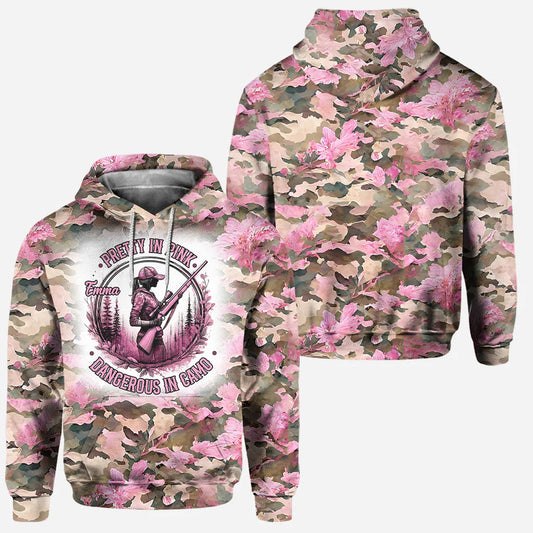 BlueJose Pretty in Pink Dangerous in Camo, Personalized Hunting All Over Shirt, Personalized 3D Hoodie For Hunting Lover