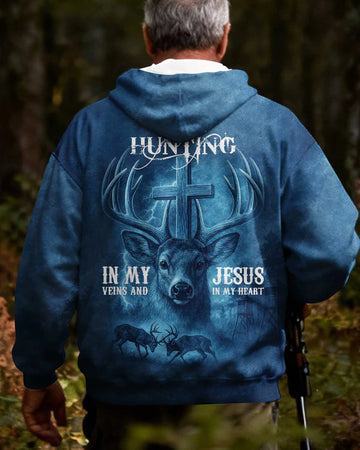 BlueJose I've Got Hunting In My Veins And Jesus In My Heart Blue Shirt, Personalized Hunting 3D Shirt