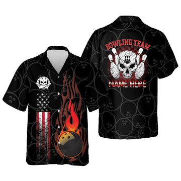 BlueJose Funny Flame Skull Bowling Team Personalized Name Hawaiian Shirt
