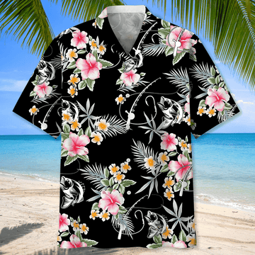 BlueJose Fishing Flower Pattern Black Hawaiian Shirt