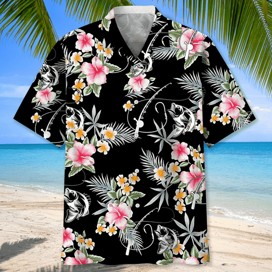 BlueJose Fishing Flower Pattern Black Hawaiian Shirt