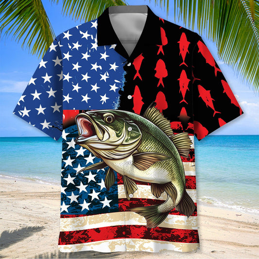 BlueJose Bass Fish USA Flag Hawaiian Shirt