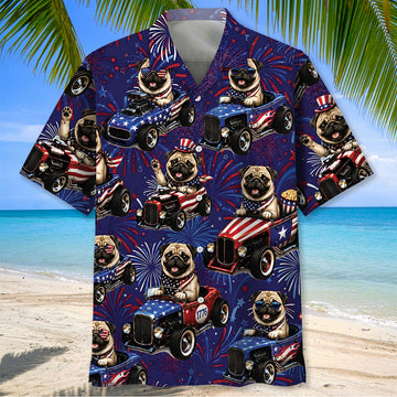 Bluejose 4th Of July Funny Pug Hot Rod Hawaiian Shirt