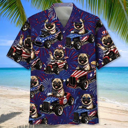 Bluejose 4th Of July Funny Pug Hot Rod Hawaiian Shirt