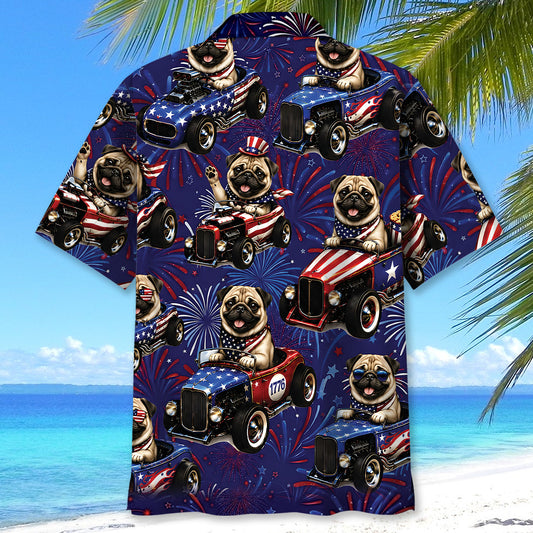 Bluejose 4th Of July Funny Pug Hot Rod Hawaiian Shirt