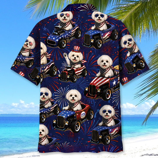 Bluejose 4th Of July Funny Maltese Hot Rod Hawaiian Shirt