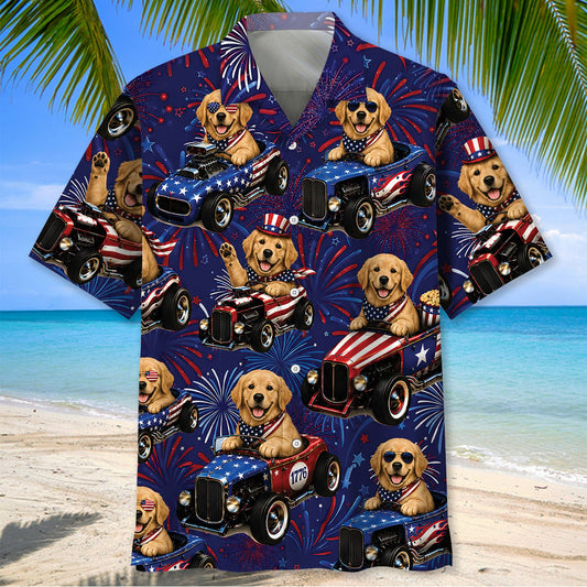 Bluejose 4th Of July Funny Golden Retriever Hot Rod Hawaiian Shirt