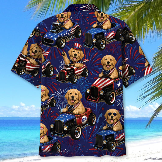 Bluejose 4th Of July Funny Golden Retriever Hot Rod Hawaiian Shirt