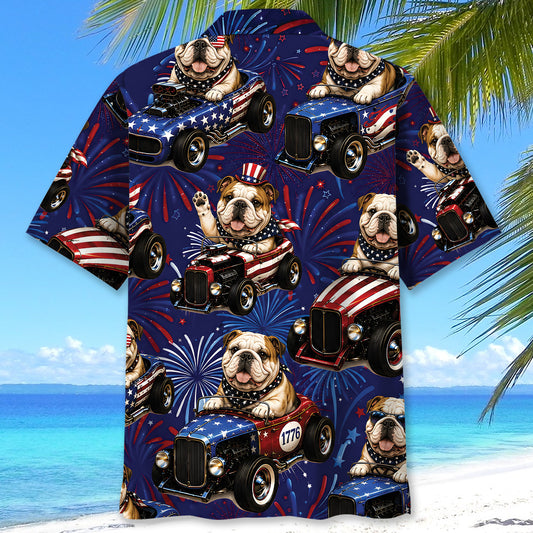 Bluejose 4th Of July Funny English Bulldog Hot Rod Hawaiian Shirt
