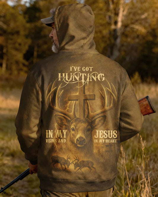 BlueJose I've Got Hunting In My Veins And Jesus In My Heart Shirt, Personalized Hunting 3D Shirt