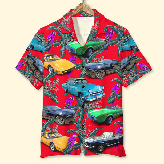 Bluejose Custom Classic Car Photo Hawaiian Shirt, Purple Parrot Seamless Pattern, Gift For Car Lovers