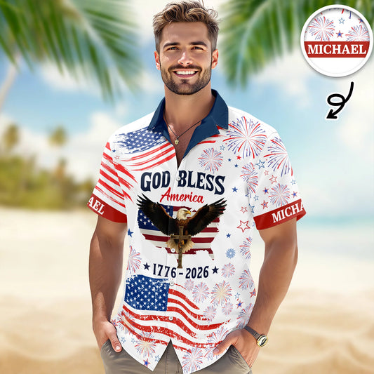 BlueJose Custom Name Patriotic 250th Anniversary God Bless America Eagle Hawaii Shirt