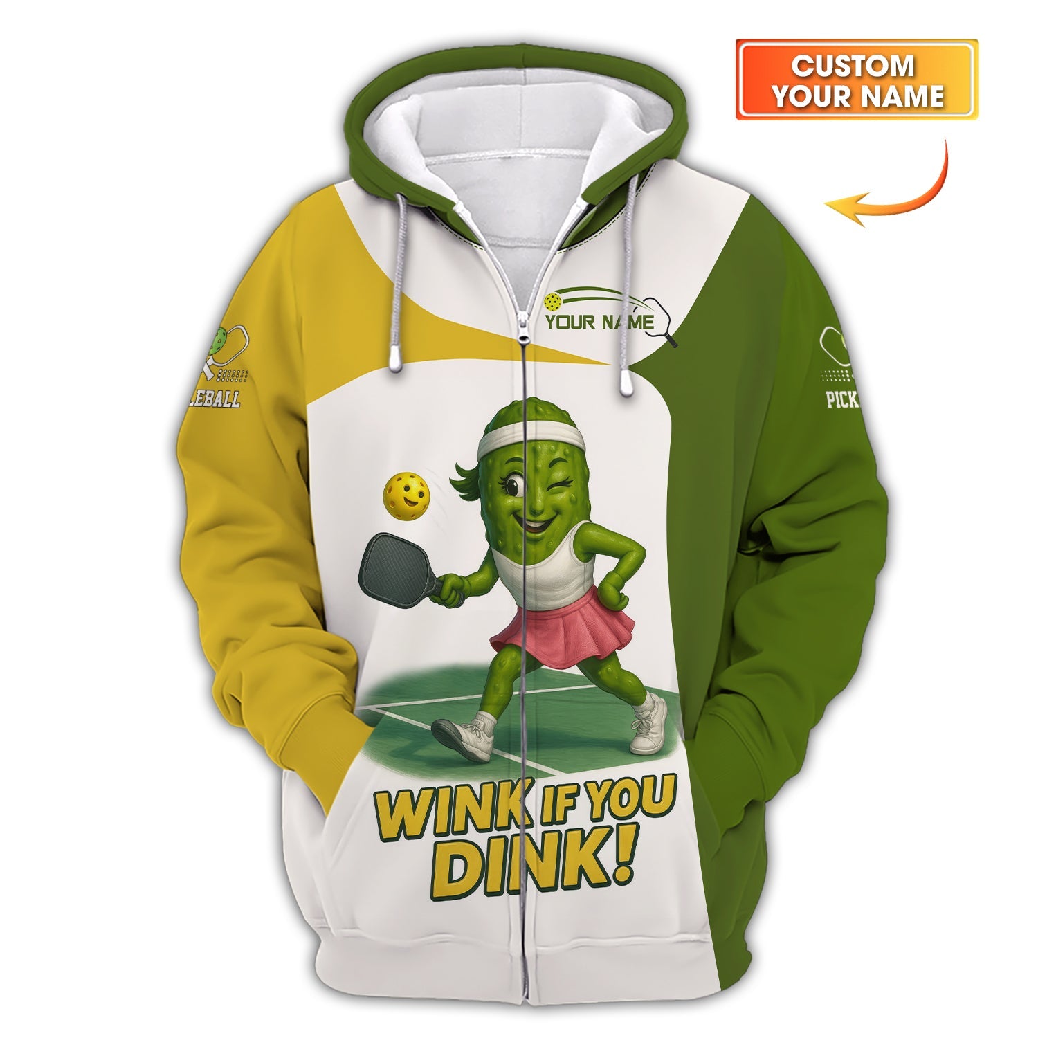 Funny Pickleball Shirt – Wink If You Dink Quote -Custom Name Tee with Cute Pickle Character