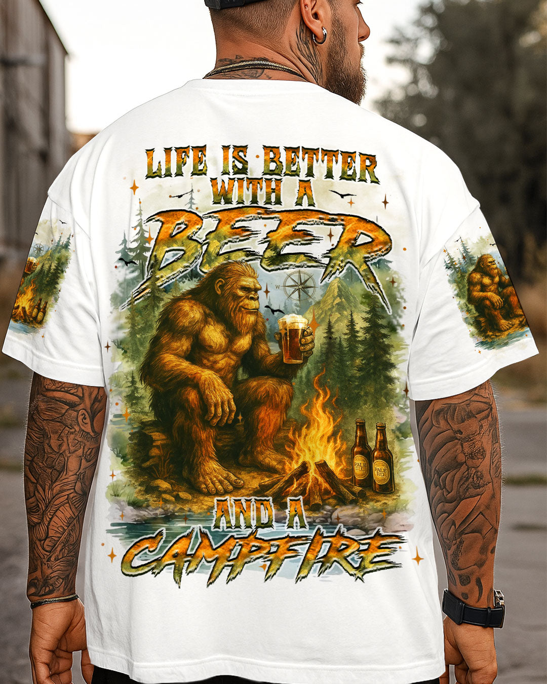 LIFE IS BETTER WITH A BEER AND A CAMPFIRE BIGFOOT ALL OVER PRINT - YHHN1009252