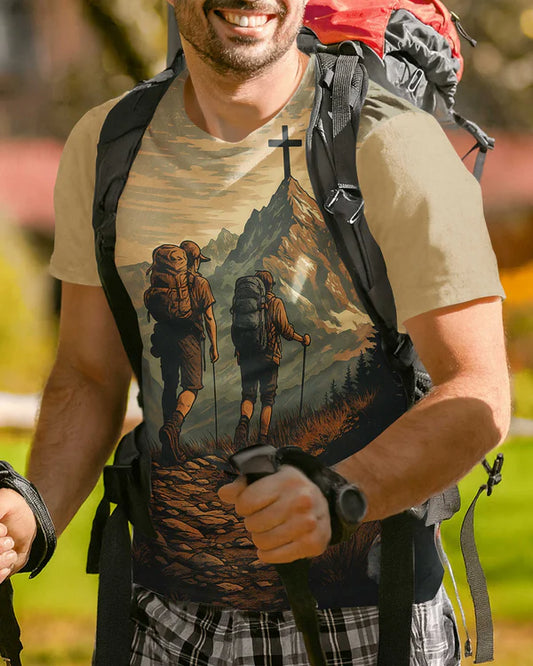 BlueJose We Don't Hike For The View We Hike For The Cross Above It Personalized Hiking 3D Shirt