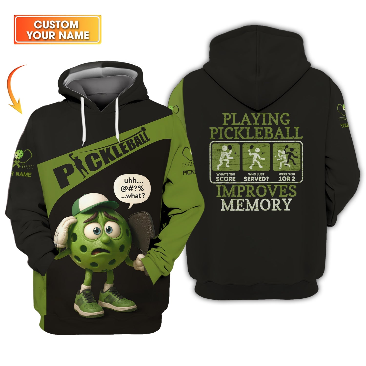 Custom Funny Pickleball T Shirt Green, Pickle Ball Charactor, Playing Pickleball Improves Memory, Pickleball Gift for Players