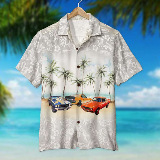 Muscle Car With Flower And Palm Tree Background - Personalized Hawaiian Shirt, Aloha Shirt Hawaiian Shirt