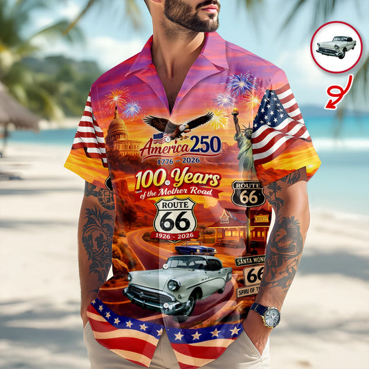 BlueJose Celebrate 100 Years of Road Route 66 and America 250th Anniversary Custom Car Photo Hawaiian Shirt (3)