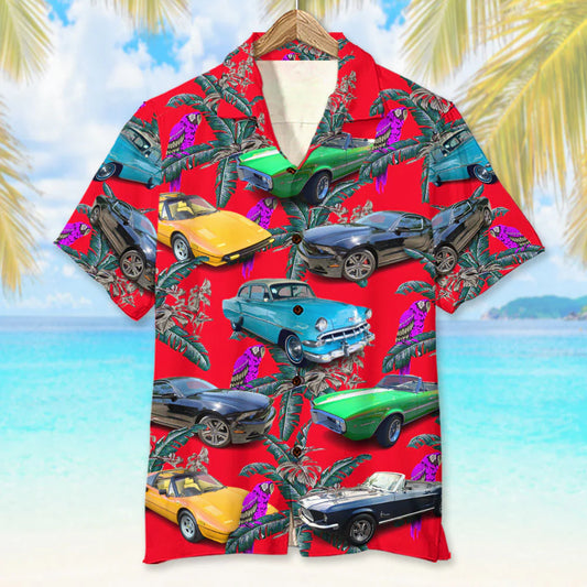 Custom Classic Car Photo Hawaiian Shirt, Purple Parrot Seamless Pattern, Gift For Car Lovers