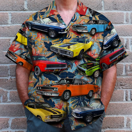Custom Muscle Car Photo Hawaiian Shirt, Red Flowers Pattern