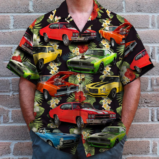 Custom Muscle Car Hawaiian Shirt, Seamless Floral Pattern