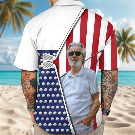 BlueJose Custom Photo And Name Golf USA Flag Pattern Hawaii Shirt