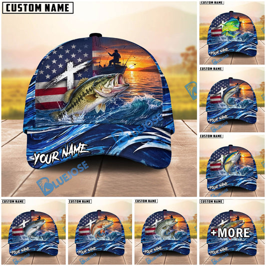 BlueJose Fishing American Flag Sunset Wave Personalized Cap (13 Breeds)