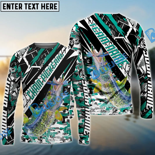 Bluejose Chain Pickerel Fishing Teal Green Grunge Camo Custom Name & Team Name 3D Shirts