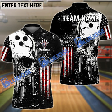 BlueJose Bowling And Pins American Flag Skull Customized Name, Team Name 3D Shirt