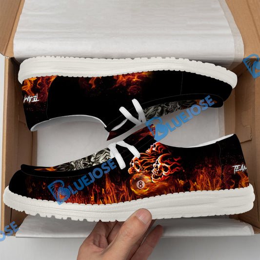 BlueJose Billiards 8 Ball Fusion Skulls White Canvas Loafer Shoes (4 Colors)