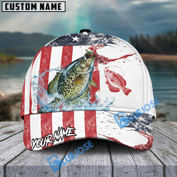 Bluejose Crappie Fishing American Flag Red Blue Seawave Personalized Cap