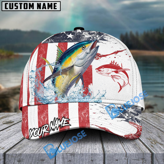 Bluejose Tuna Fishing American Flag Red Blue Seawave Personalized Cap