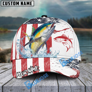 Bluejose Tuna Fishing American Flag Red Blue Seawave Personalized Cap