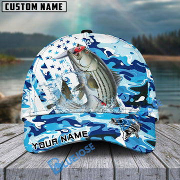 Bluejose Striped Bass Fishing Blue White American Flag Personalized Cap