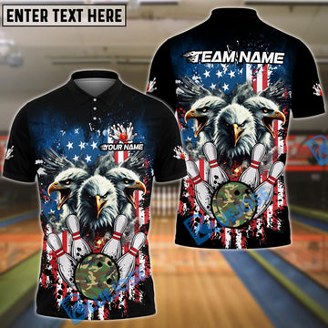 BlueJose Bowling And Pins American Flag Eagle Camo Ball Customized Name, Team Name 3D Shirt (4 Colors)