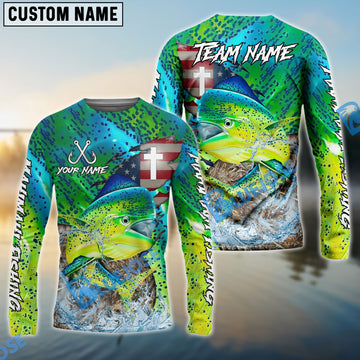 Bluejose Mahimahi Fishing American Flag Camo Cross Skin Custom Name & Team Name 3D Shirts