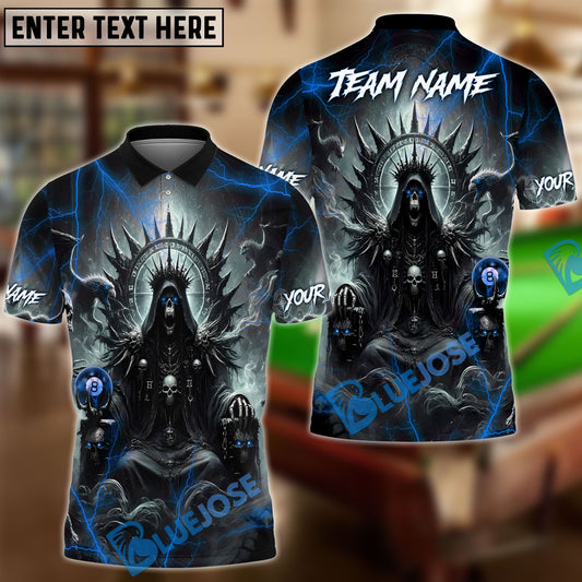 BlueJose Billiards Ball 8 Pool Skull Hell Throne Personalized Name & Team Name Shirt (4 Colors)