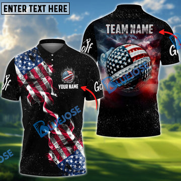 BlueJose Golf Smoke Grunge US Flag Customized Name, Team Name 3D Shirts (4 Colors)