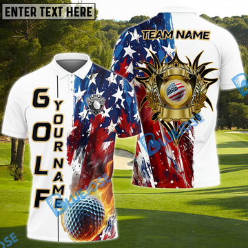 BlueJose Golf American Flag Flaming Ball Customized Name, Team Name 3D Shirts (4 Colors)