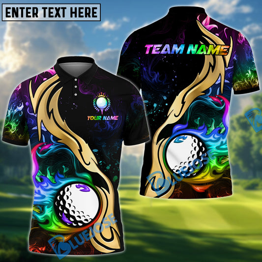 BlueJose Golf Golden Ball Fire Customized Name, Team Name 3D Shirts (6 Colors)