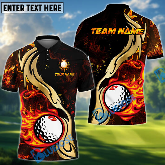 BlueJose Golf Golden Ball Fire Customized Name, Team Name 3D Shirts (6 Colors)