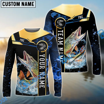 Bluejose Pike Fishing Golden With Blue Flame Pattern Custom Name & Team Name 3D Shirts