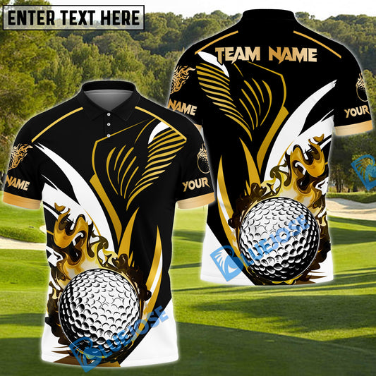 BlueJose Golf Golden Flame Golf Ball Customized Name, Team Name 3D Shirts (4 Colors)
