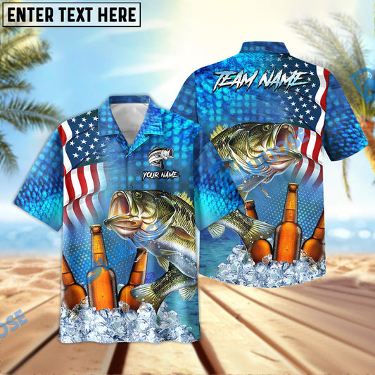 BlueJose Fishing Beer USA Flag Personalized Hawaiian Shirt (12 Fish Species)