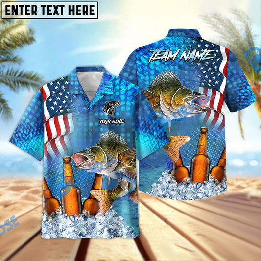 BlueJose Walleye Fishing Beer USA Flag Personalized All Over Print 3D Hawaiian Shirt