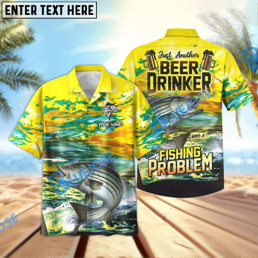 BlueJose Striped Bass Fishing Beer Drinker Yellow Sky Personalized All Over Print 3D Hawaiian Shirt